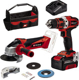 Einhell Taladro con batería TE-CD 18/40 Li + amoladora angular con batería TC-AG 18/115 Li PXC (iones de Li, 18V, incl. batería 4Ah y cargador, accesorios de amoladora angular, caja de puntas, bolsa)