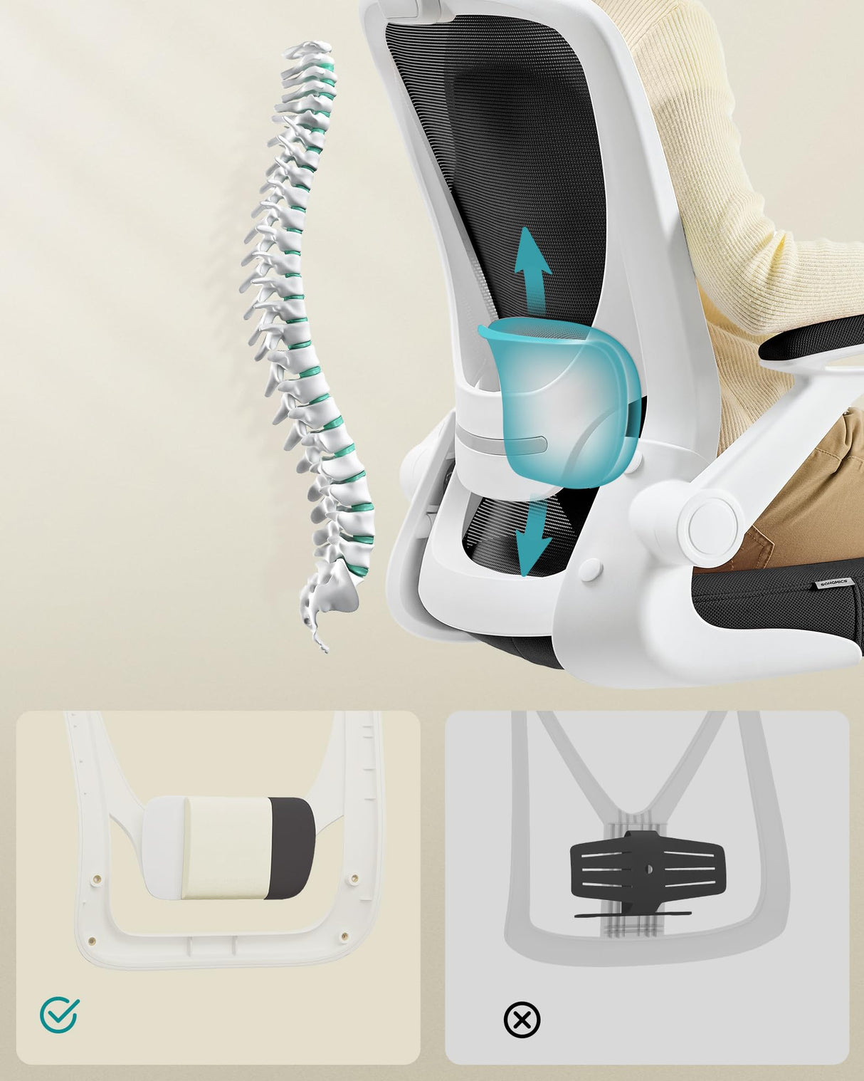 SONGMICS Silla de Oficina, Silla de Escritorio de Malla, Silla Giratoria Ergonómica, Soporte Lumbar, Oscilante, Asiento de 53 cm, Apoyabrazos Abatibles, Blanco y Negro OBN37WTV2