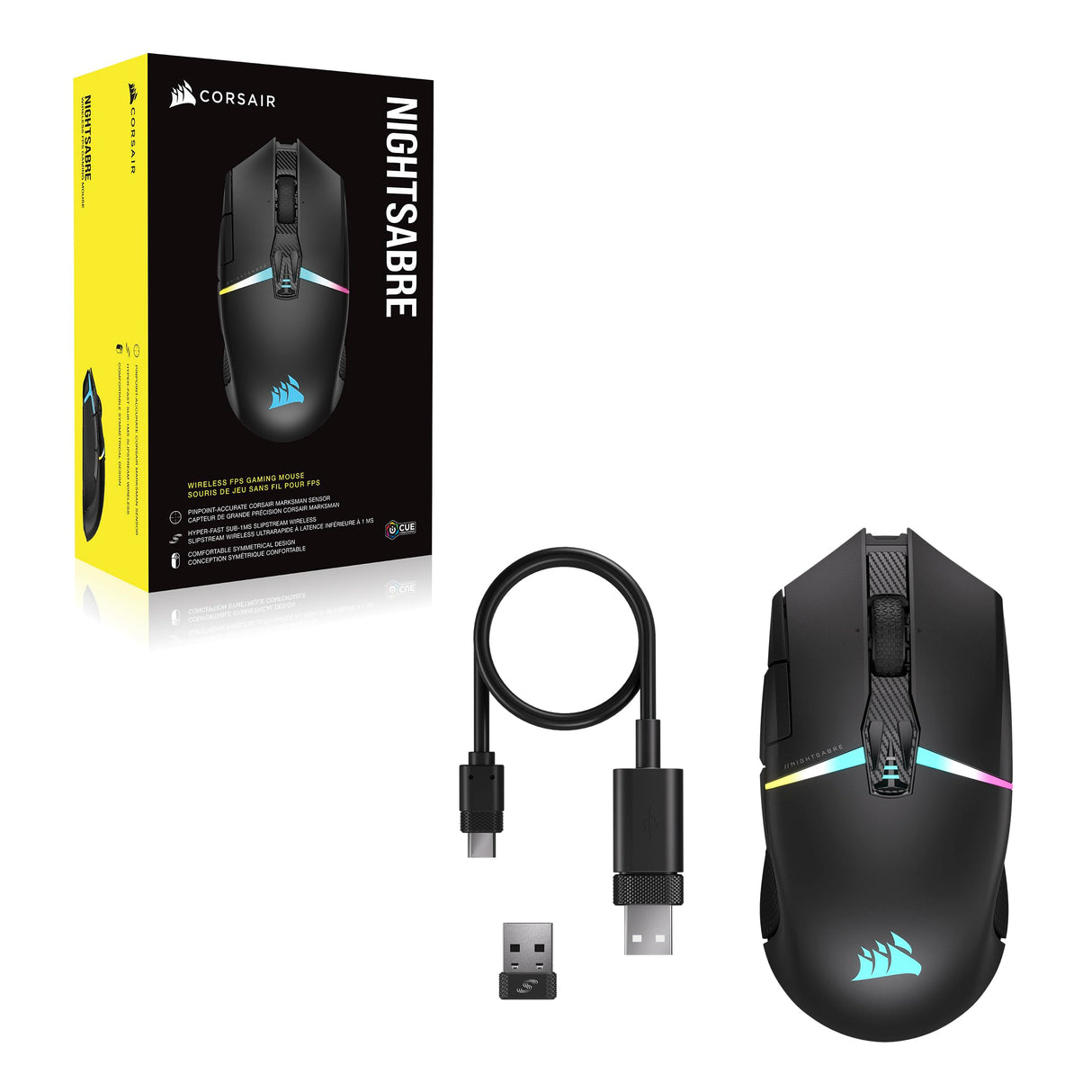 Corsair NIGHTSABRE WIRELESS RGB FPS/MOBA Ratón para Juegos - 26,000 DPI - 11 Botones Programables - Batería Hasta 100hrs - Compatible con iCUE - PC, PS5, PS4, Xbox - Negro
