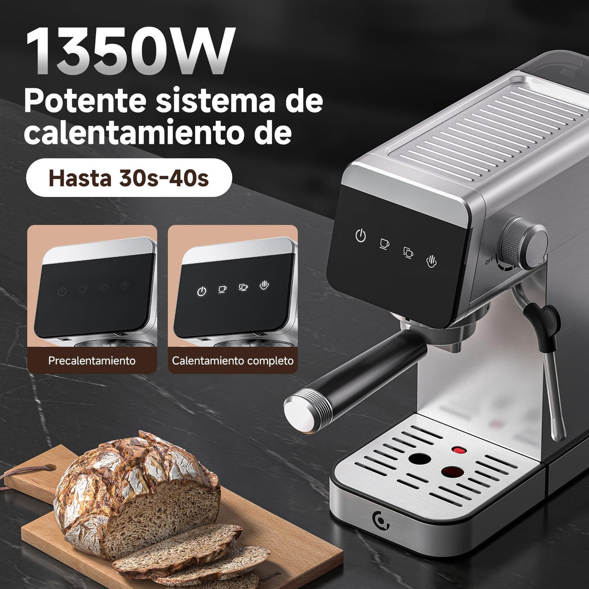 AMZCHEF Cafetera Espresso de 20 Bares con Pantalla LED Cafetera Todo en Uno con Depósito Extraíble de 1,2 Litros para Regalos del Hogar Cafetera Latte Compacta de Acero Inoxidable, 1350W