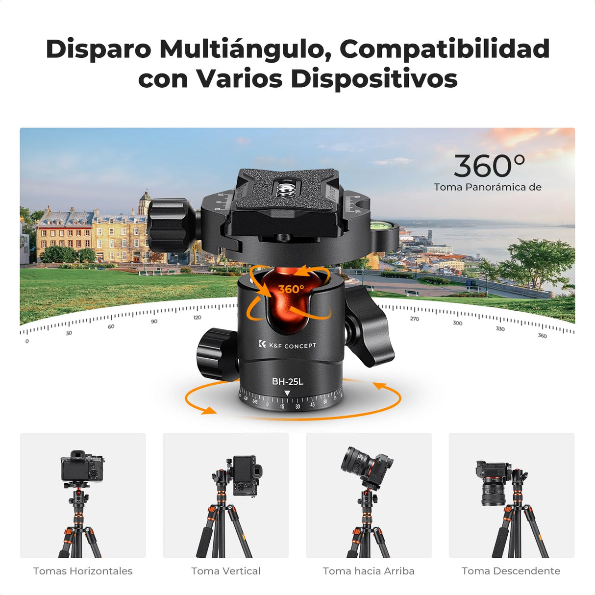K&F CONCEPT Trípode de Cámara Carbono de Viaje Ligero, Trípode Fotografía Compacto con Monopié, 360° Rótula de Bola y Placa de Liberación para Cámara DSLR A225C0+BH-25L