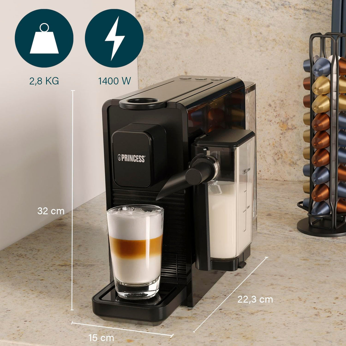 Princess Capsule and Latte Pro Cafetera de Cápsulas, Compatible Nespresso, Leche Automática, 20 Bares, 1400W, Libre de BPA, Partes Lavables, Apagado Automático, 01.249455.01.001