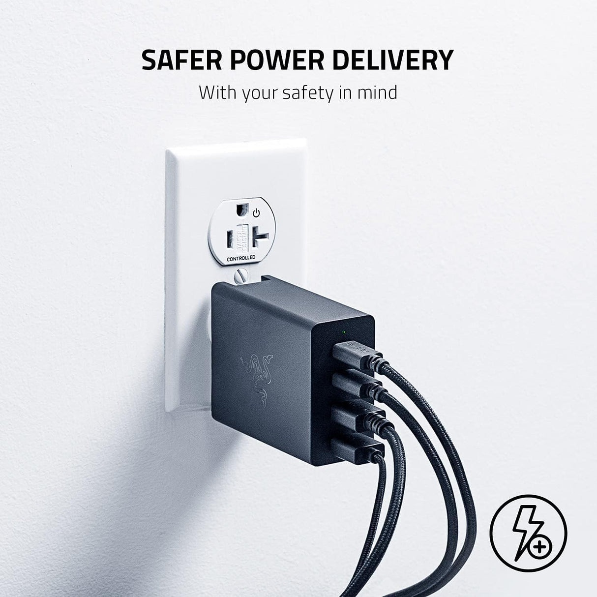 Razer Cargador USB-C GAN - Cargador rápido portátil (2 USB-C, 2 USB-A con Puertos de EE. UU., UE y Reino Unido) Negro