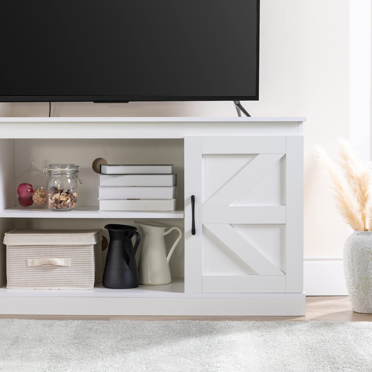 Zinus Wade Mueble TV - Mueble TV 147x67x40 cm - Unidad con mueble de almacenamiento - Blanco