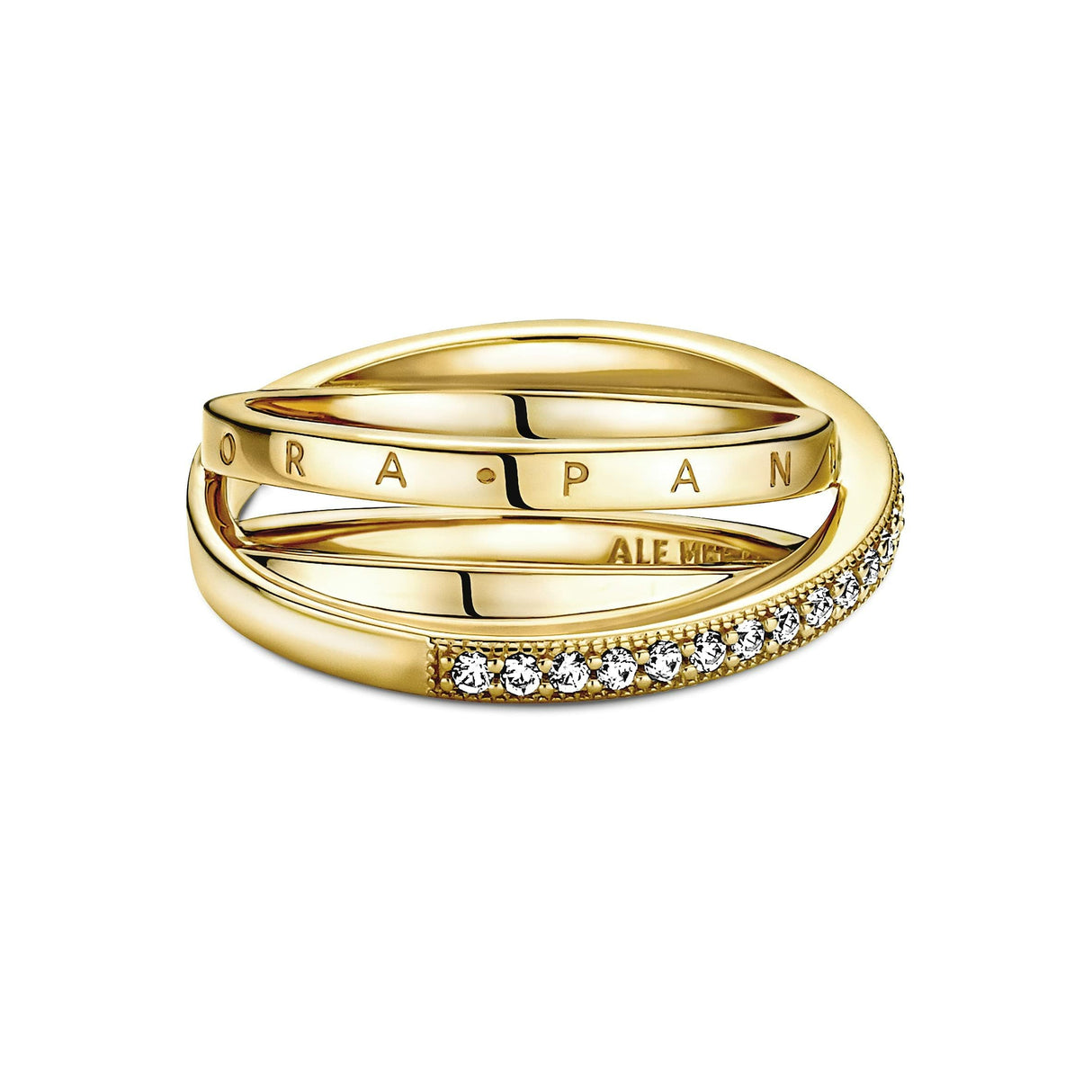 PANDORA Signature Anillo cruzado con triple banda y engaste pavé chapado en oro de 14 quilates con circonitas cúbicas transparentes, talla 52