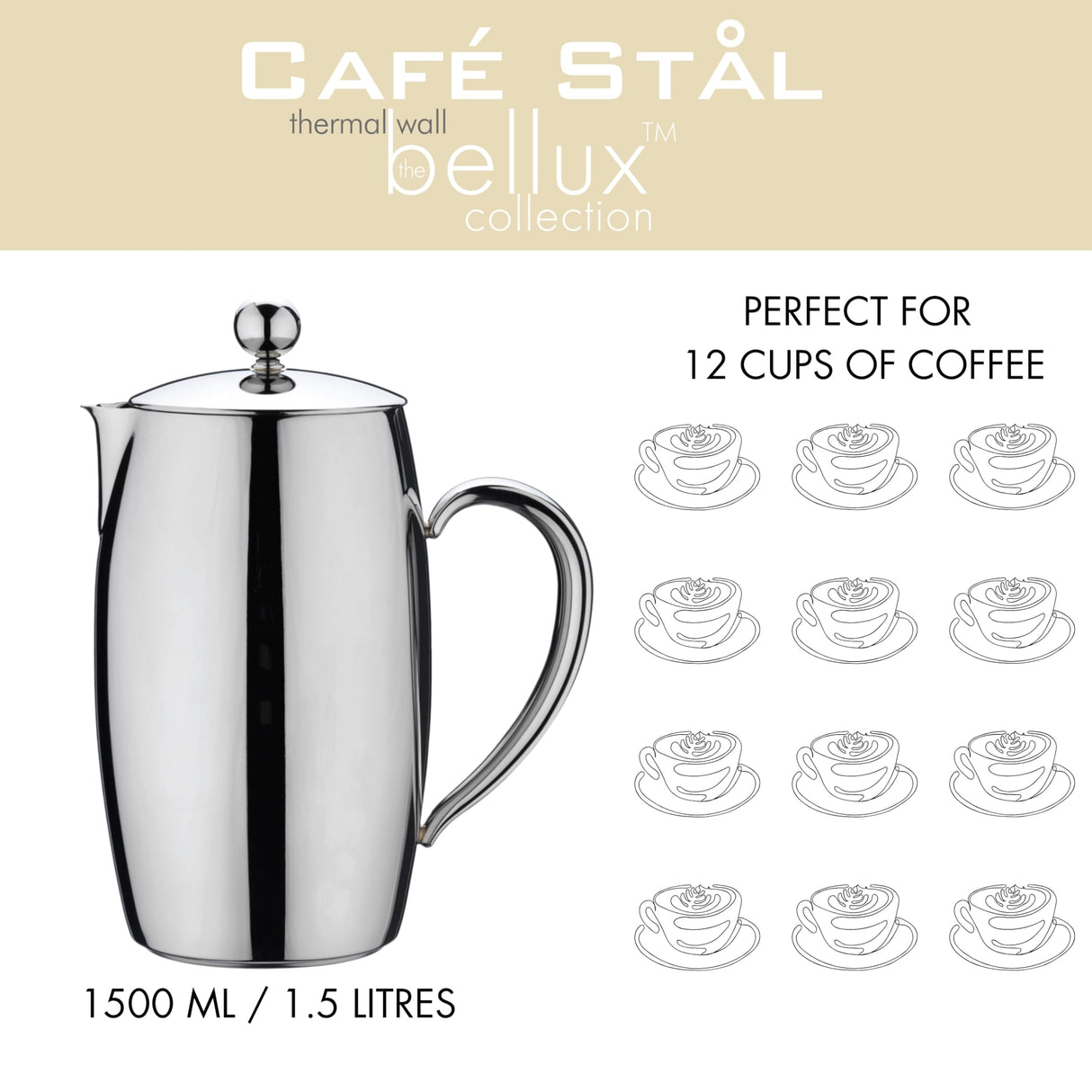 Café Stål Cafetiere, acero inoxidable, 12-Cup
