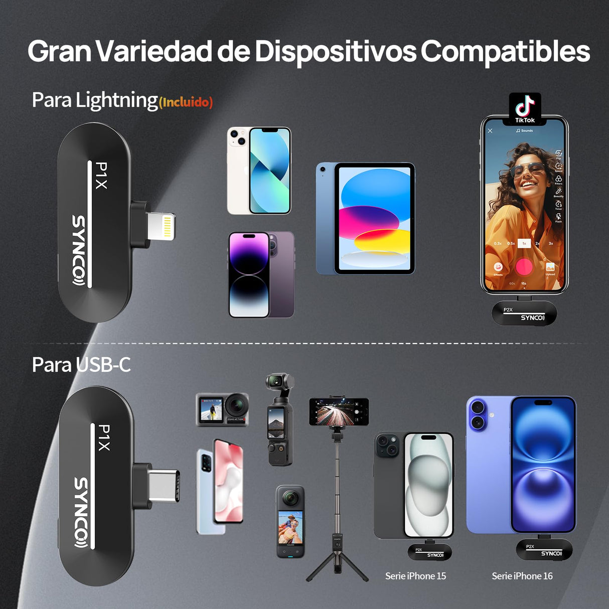 SYNCO Kit de 2 Micrófonos de Solapa Inalámbricos para iPhone 14/13/12/11/SE, P2XL Micrófonos Inalámbricos Profesionales para TikTok, Youtube, Streaming, Vlog, Micrófono-Solapa-Inalámbrico-iPhone