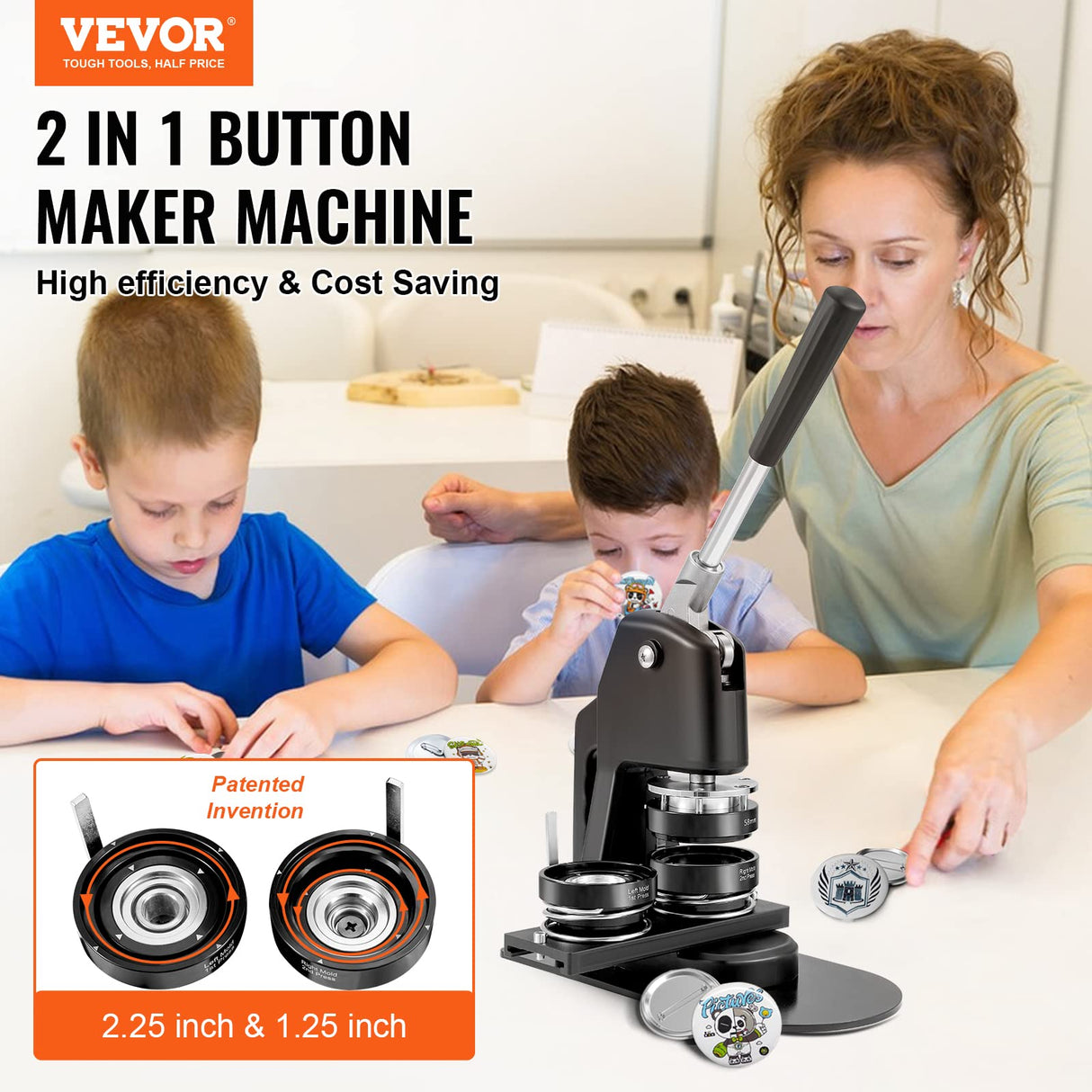 VEVOR Máquina para Hacer Botones de 32 mm y 58 mm Prensa para Chapas con 500 Kits de Botones con Libro Mágico y Cortador de Círculos Máquina para Hacer Chapas de Aluminio y ABS Kit de Personalización