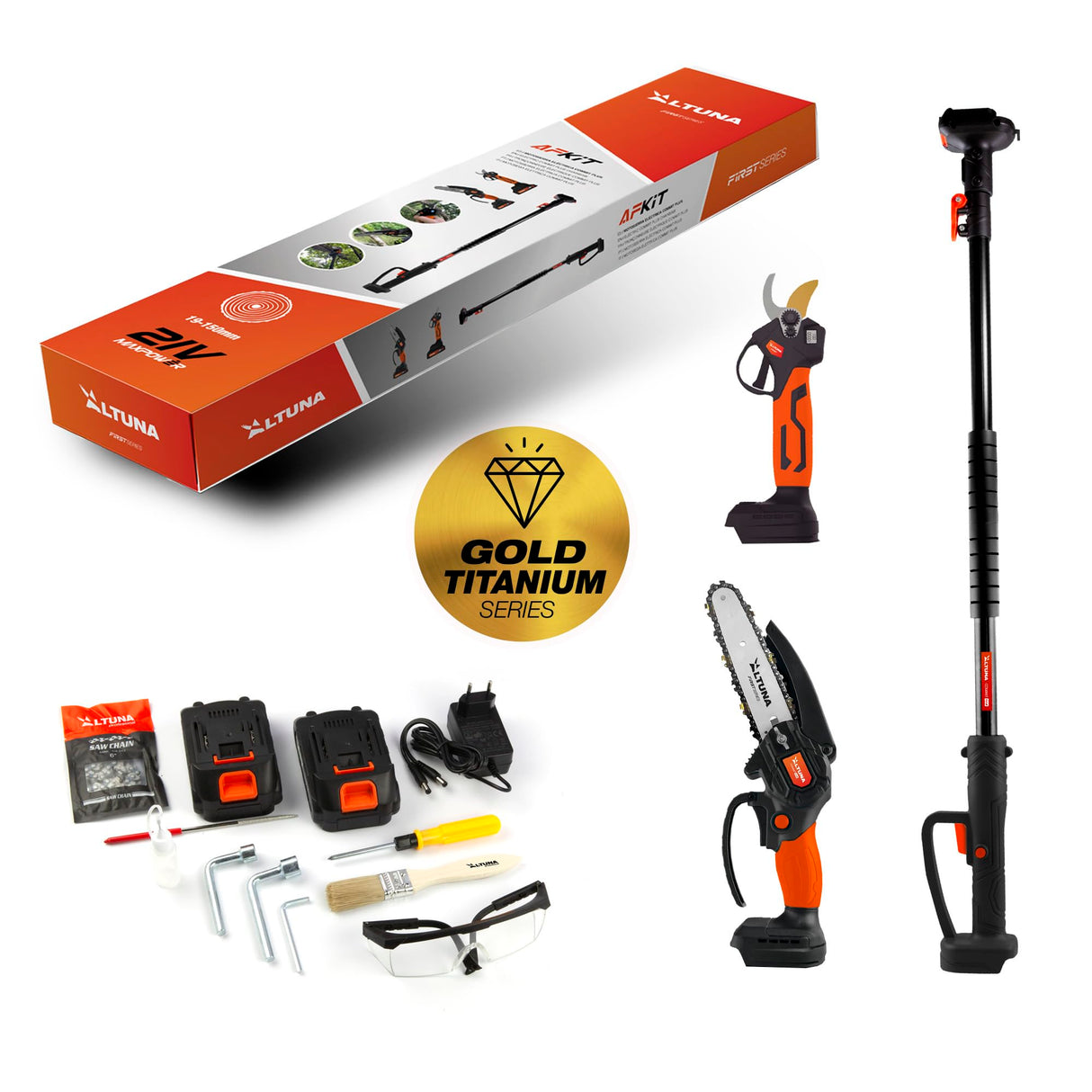 Altuna Kit de Poda a Batería de Titanio - Motosierra a Batería + Tijeras de Podar Eléctricas + Pértiga Telescópica - Incluye 2 Baterías - Pértiga de 1,63m para Poda en Altura - Con Cargador y Gafas