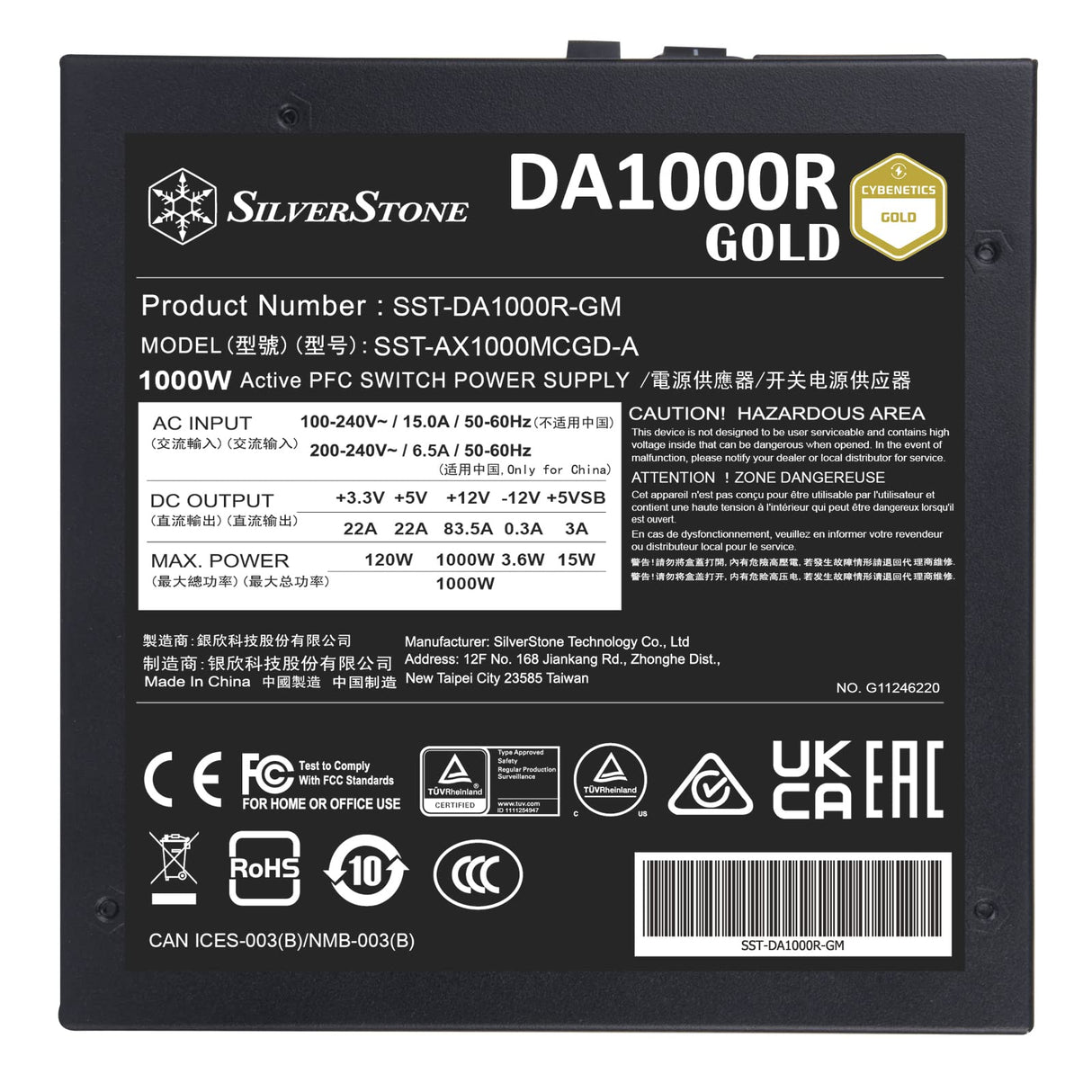 Silverstone SST-DA1000R-GM - Cybenetics Gold 1000W PCIe 5.0 Fuente de alimentación Completamente Modular, Ventilador FDB Ultra silencioso de 135 mm con función Semi-fanless