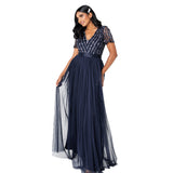 Maya Deluxe Maxi Dress for Women Ladies Bridesmaid V-Neck Ball Gown Short Sleeves Long Elegant Empire Waist Wedding Vestido de Dama de Honor, Azul Marino, 50 para Mujer