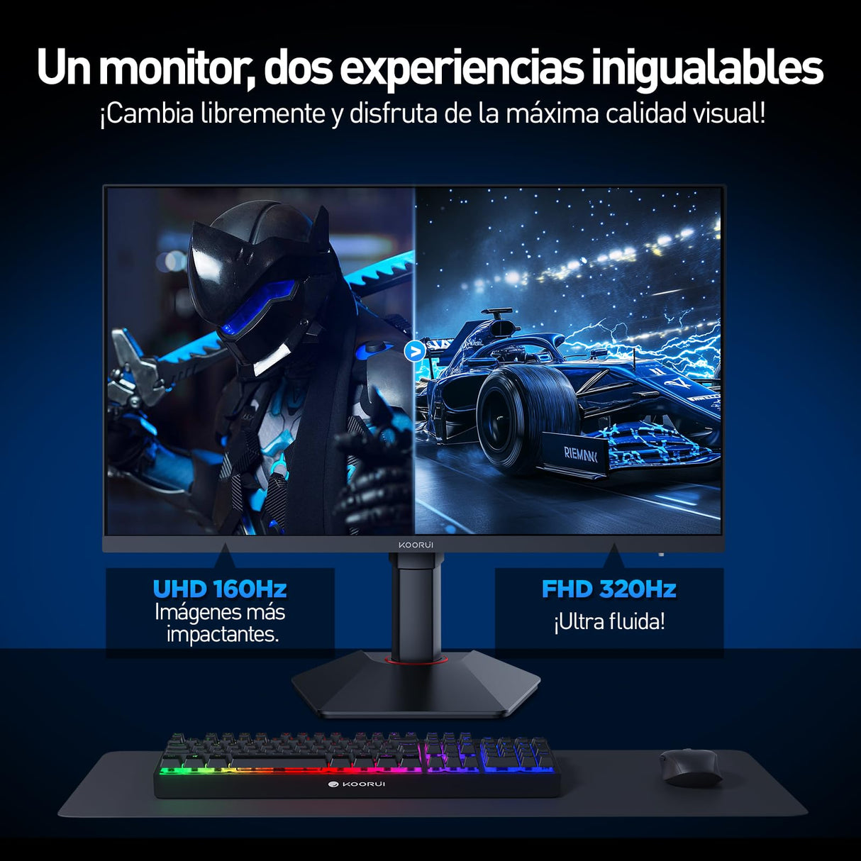 KOORUI G2741L 27" Monitor Gaming, UHD 2160P 160Hz / FHD 1080P 320Hz (Fast IPS, 1ms, Adaptive Sync, Giratorio, Inclinación, Altura Ajustable, Eye Care, HDR400, 10Bit, 2xHDMI 2.1, DP 1.4)