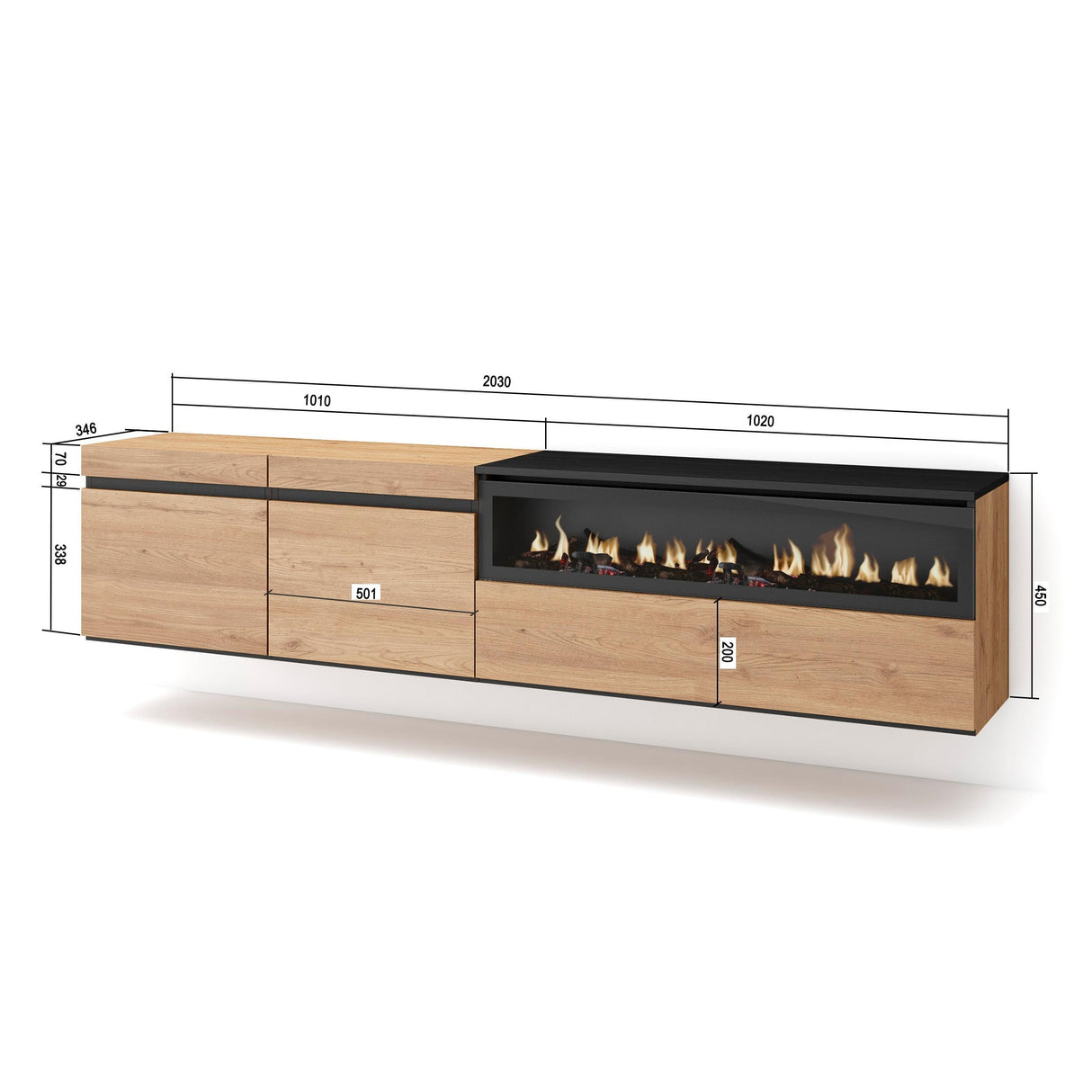 Skraut Home | Mueble TV | Televisión | Muebles de salón, almacenaje | 200x45x35cm | para TV hasta 80" | Chimenea eléctrica | Colgado, Suspendido | Estilo Moderno | Roble y Negro