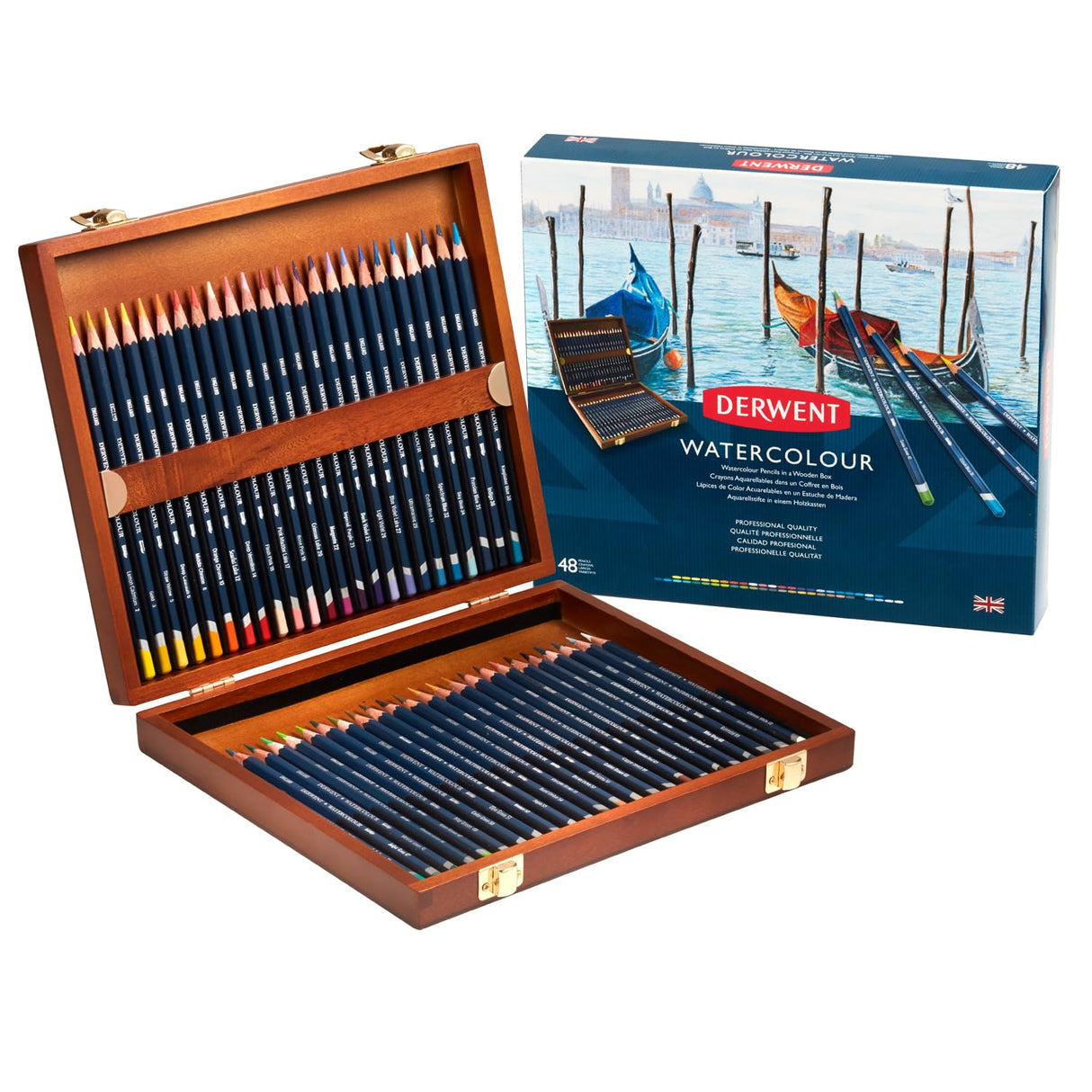 DERWENT Lápices Derwent Solubles en Agua, Para Pintar y Dibujar, Set de 48 en Caja de Madera de Regalo, Ideal para Matizar y Crear Capas, Calidad Profesional, 0700758