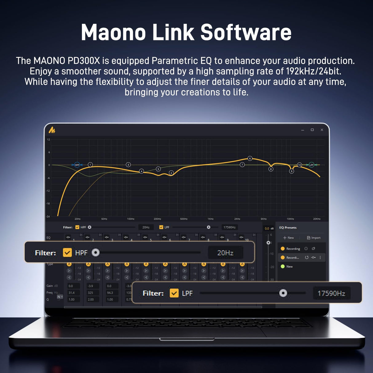 MAONO Micrófono PD300X para Podcast, Micro Profesional XLR/USB, Hi-FI 192 kHz/24 bits, reducción de Ruido, Software Link, para podcasting y grabaciones de Voz en Estudio