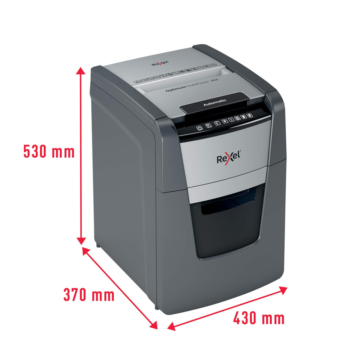 Rexel 2020090XEU - Destructora de Papel Automática Optimum AutoFeed 90X, Corte en Partículas P-4 (4x28 mm), 90 Hojas A4, Papelera Extraíble 34L, Destruye Grapas y Clips, Uso en Oficina
