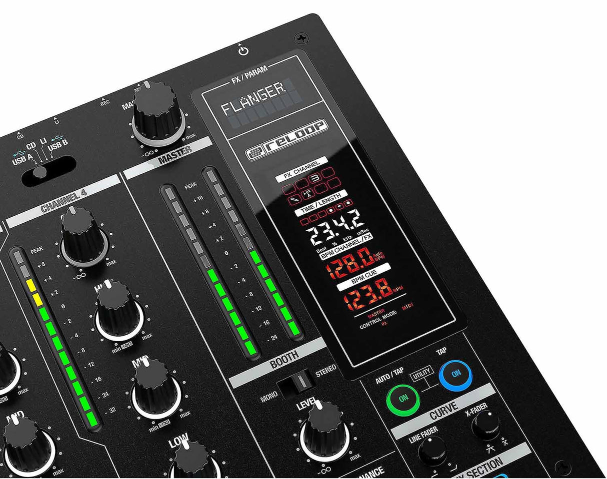 Reloop RMX-95 | Clubmixer de 4+1 canales para DJs con interfaz de alta calidad de 24 bits, unidad FX, filtros de sonido, modo EQ Neural Mix™ y hub USB activo