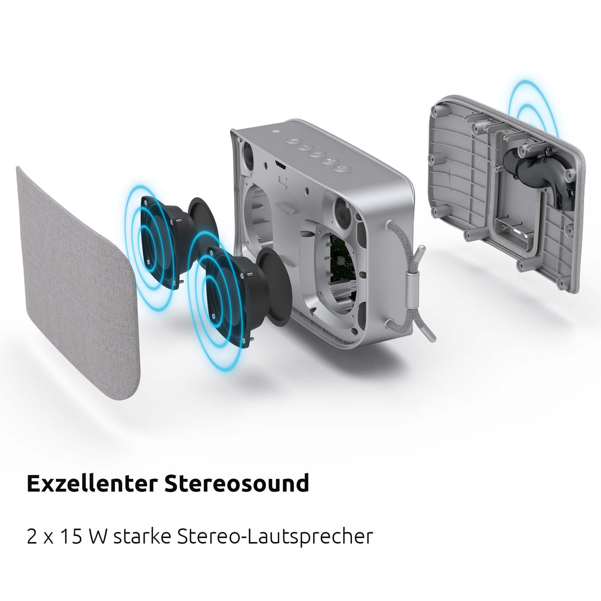 TechniSat Blupeaker TWS XL - Altavoz Bluetooth portátil (con estéreo True inalámbrico, Manos Libres, Bluetooth, 2 Altavoces estéreo de 15 W, batería, Entrada Auxiliar), Color Gris