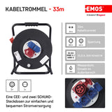 EMOS - Tambor de Cable CEE 33m - 3 Tomas (1 CEE, 2 Schuko) - Resistente al Agua - 230 V/400 V, 15 A, 2500 W/6400 W - Aislamiento de Goma - H07RN-F 2,5 mm2 - IP44 para Exteriores y Camping