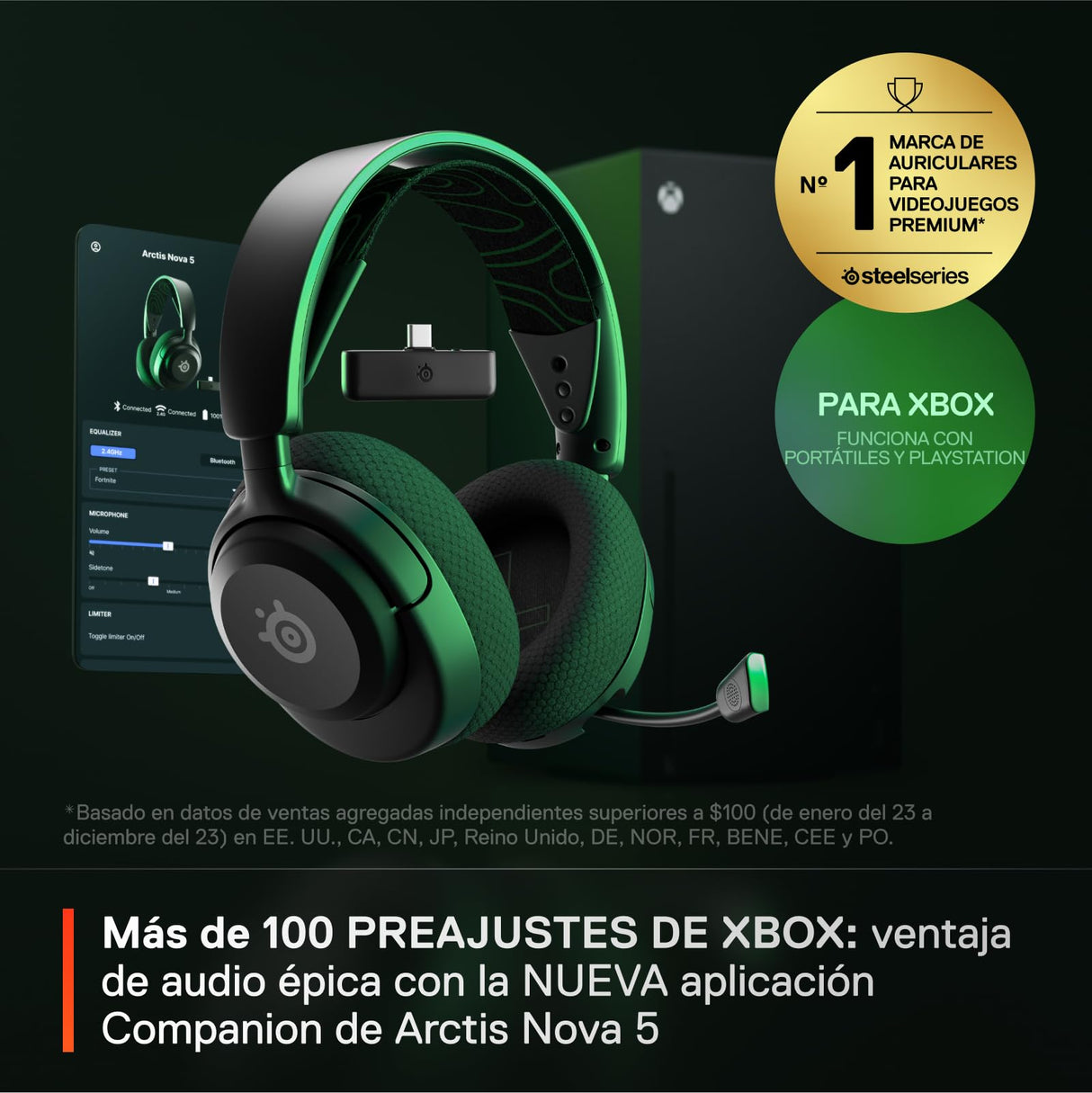 SteelSeries Arctis Nova 5X Cascos Xbox Inalámbricos - Xbox, PC, Switch 2, móvil - Controladores magnéticos de neodimio - Más de 100 preajustes - Batería de 60 horas - 2,4 GHz o BT - Micro Gen2.X