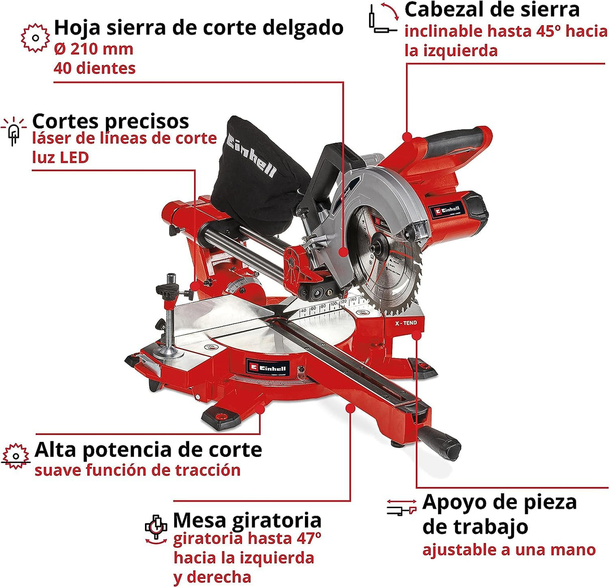 Einhell Ingletadora telescópica TE-SM 36/210 Li-Solo Power X-Change (36 V, iones de litio, Ø210x Ø30 mm hoja, función de tracción de marcha suave, láser de línea de corte, sin batería y cargador)