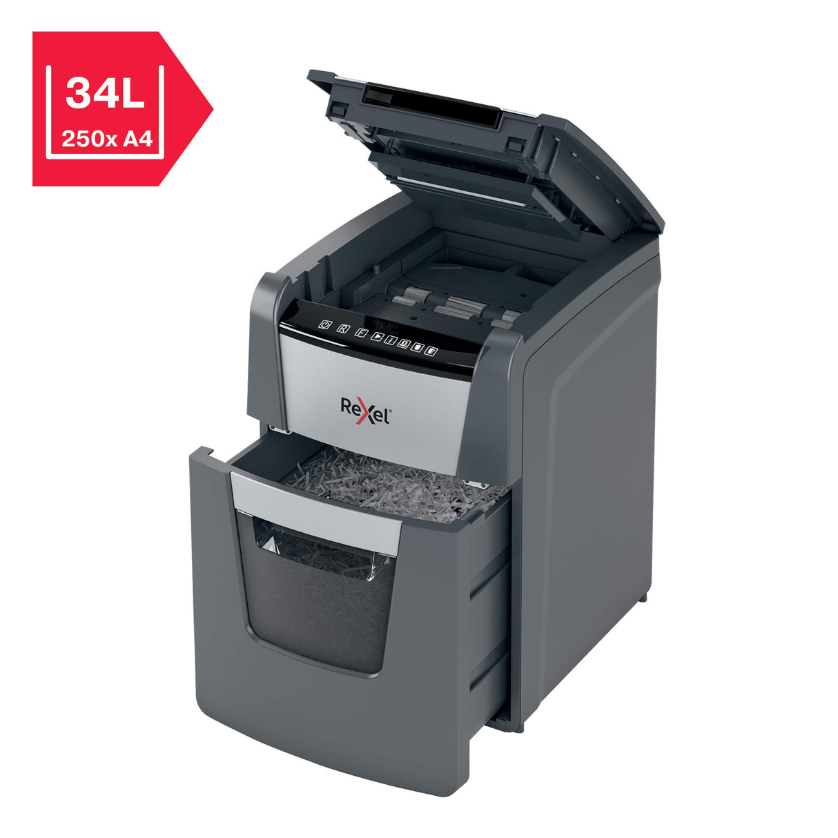 Rexel 2020090XEU - Destructora de Papel Automática Optimum AutoFeed 90X, Corte en Partículas P-4 (4x28 mm), 90 Hojas A4, Papelera Extraíble 34L, Destruye Grapas y Clips, Uso en Oficina