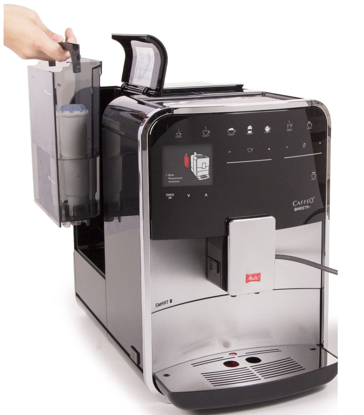 Melitta Barista T Smart F831-101, Cafetera Superautomática con Molinillo Silencioso, App Connect, Pantalla Táctil, 18 Recetas, 15 Bares, 1450 W, 1.8 litros, Acero inoxidable, Plata/Negro