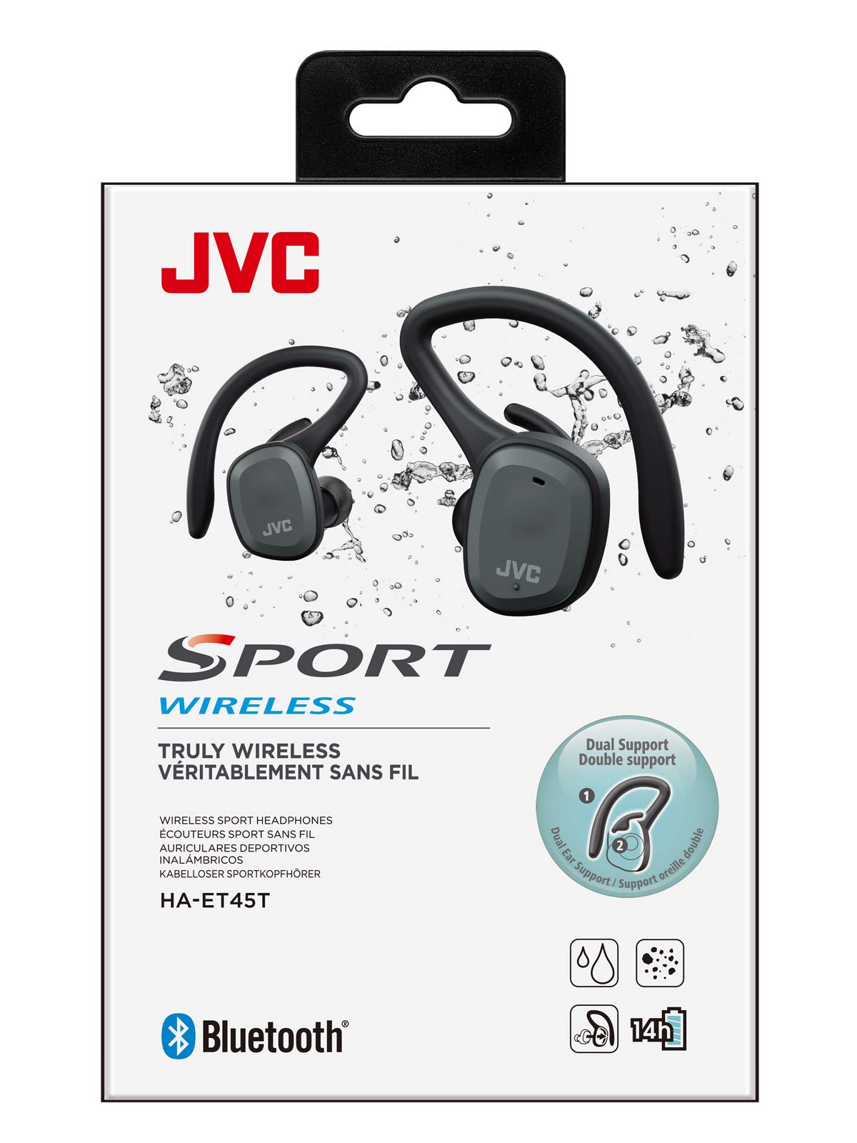 JVC Auriculares Bluetooth HA-ET45T True Wireless, Micrófono y Clip Desmontable. Máxima Adaptabilidad, Agarre y Resistencia. Batería 14h, Color Negro