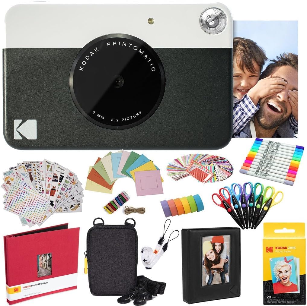 KODAK Printomatic Cámara instantánea (Negro) Paquete Todo Incluido con Papel fotográfico Zink (20 Hojas) y Mucho más.