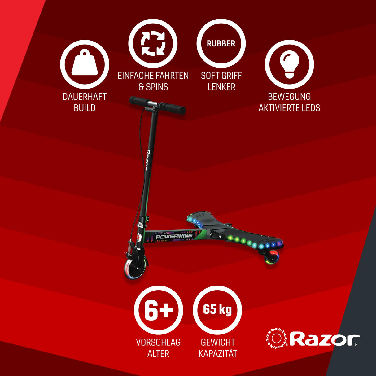 Scooter Razor para niños - Scooter PowerWing Lightshow para Mayores de 6 Años con 5 Modos de Luz, Luces Activadas por Movimiento, Scooter Columpio con Chasis de Acero Duradero - Negro