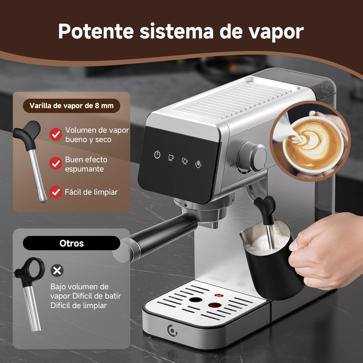 AMZCHEF Cafetera Espresso de 20 Bares con Pantalla LED Cafetera Todo en Uno con Depósito Extraíble de 1,2 Litros para Regalos del Hogar Cafetera Latte Compacta de Acero Inoxidable, 1350W