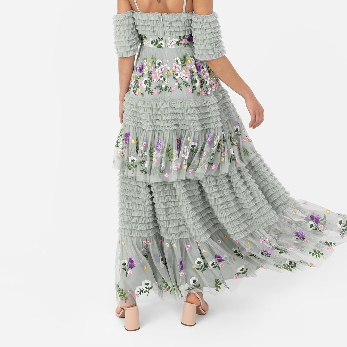 Maya Deluxe Vestido Largo para Mujer, Hombros Descubiertos, Tirantes Delgados, Bordado Floral, Volantes, Tul, Invitada de Boda, Lirio Verde, 38