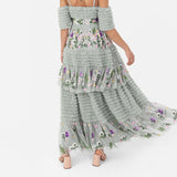 Maya Deluxe Vestido Largo para Mujer, Hombros Descubiertos, Tirantes Delgados, Bordado Floral, Volantes, Tul, Invitada de Boda, Lirio Verde, 38
