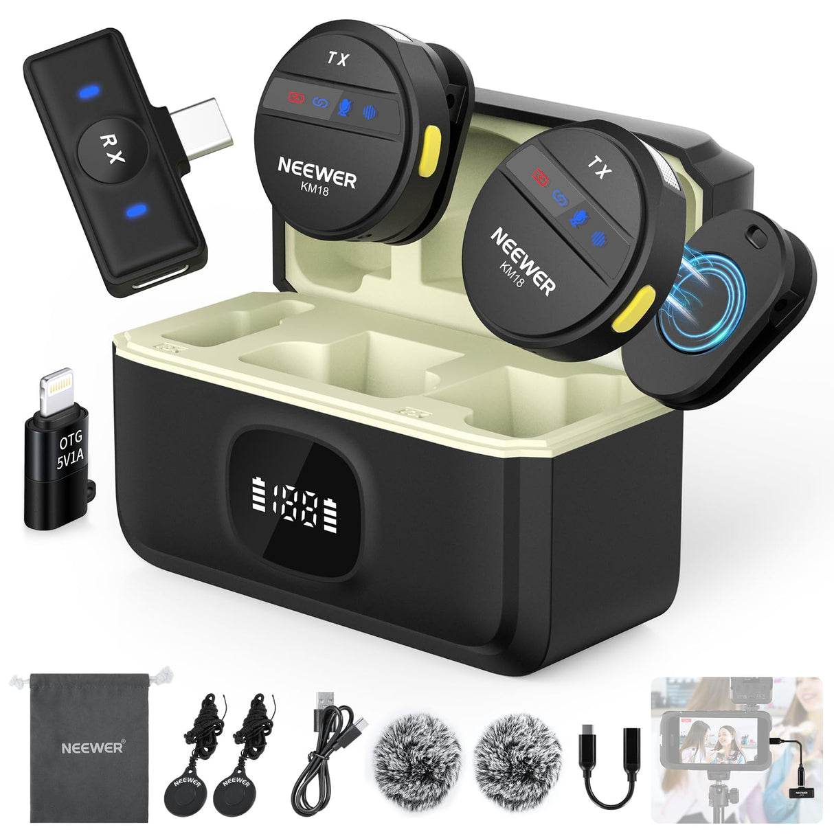 NEEWER Micrófono Lavalier Inalámbrico para iPhone Mini Mic Solapa Set Cancelar Ruido y Estuche de Carga USB C OTG Batería 24H 200m Alcance Compatible con iPhone 16 15 Android PC Portátil, KM18