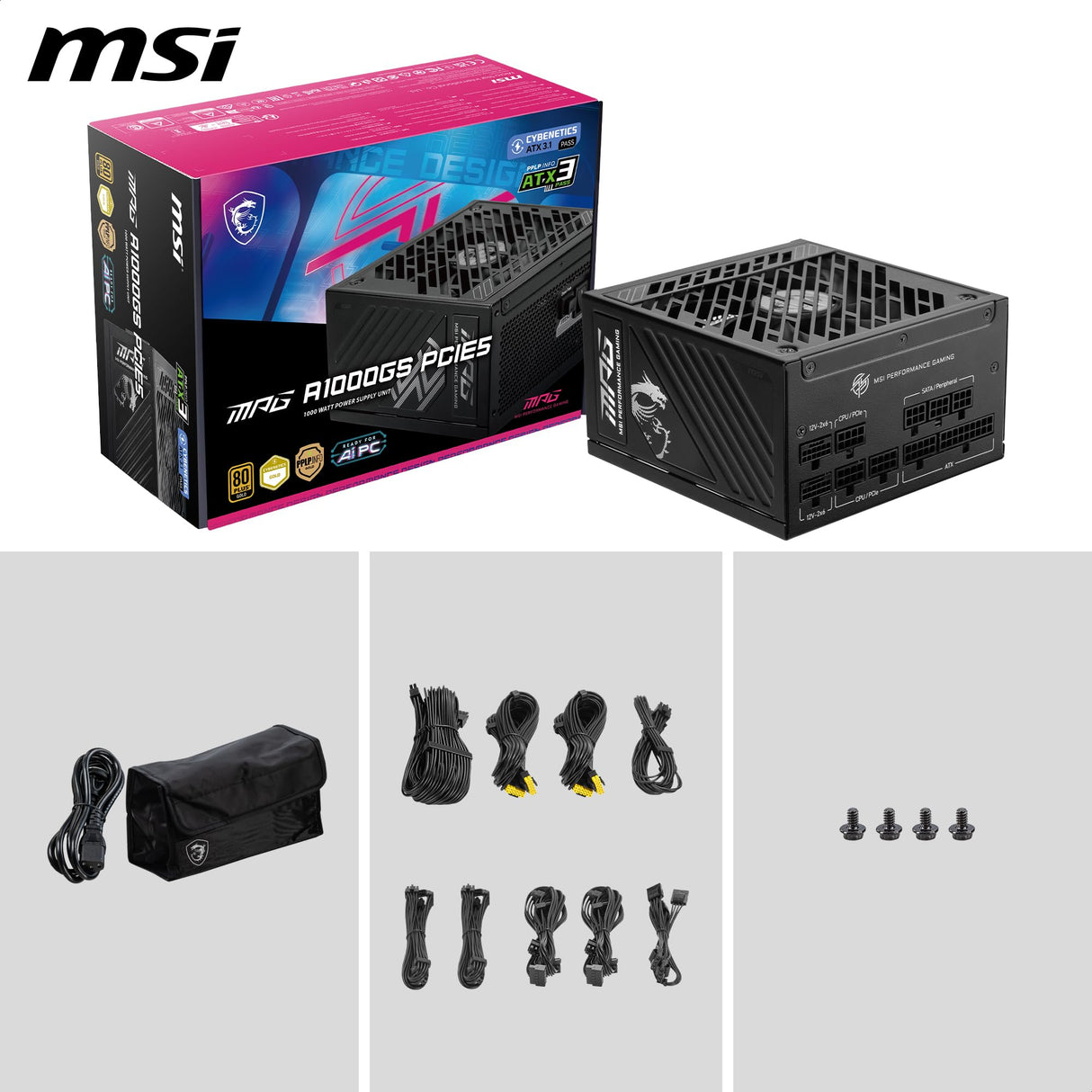 MSI MPG A1000GS PCIE5 ATX 3.1 - Fuente de alimentación para Juegos - Modular Completo - Certificado 80 Plus Gold 1000W - Condensadores 100% japoneses de 105 °C - Fuente de alimentación ATX
