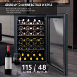 HCK Vinoteca, Nevera para Vinos 1 Zona de Refrigeración, 48 Botellas, 115 L, 4-22°C, Pequeña Nevera de 85 cm de Altura Con Panel Táctil, Nevera Silenciosa con Puerta de Vidrio, Negro