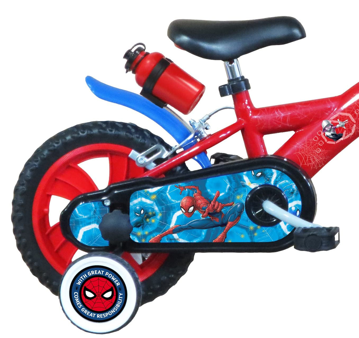 ATLAS Bicicleta de 12 Pulgadas Spiderman Equipada con 2 Frenos, Placa Delantera Decorativa, Guardabarros, cárter y estabilizadores + bidón y portabidón Trasero, Niños, Rojo/Azul, 12''