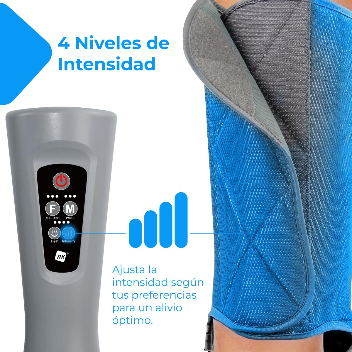 NK Masajeador de piernas, 6 Modos de masajes completos y parciales, 4 Niveles de Intensidad para cada modo, Temporizador con botones, Función Calor, Compresión de aire para relajación muscular
