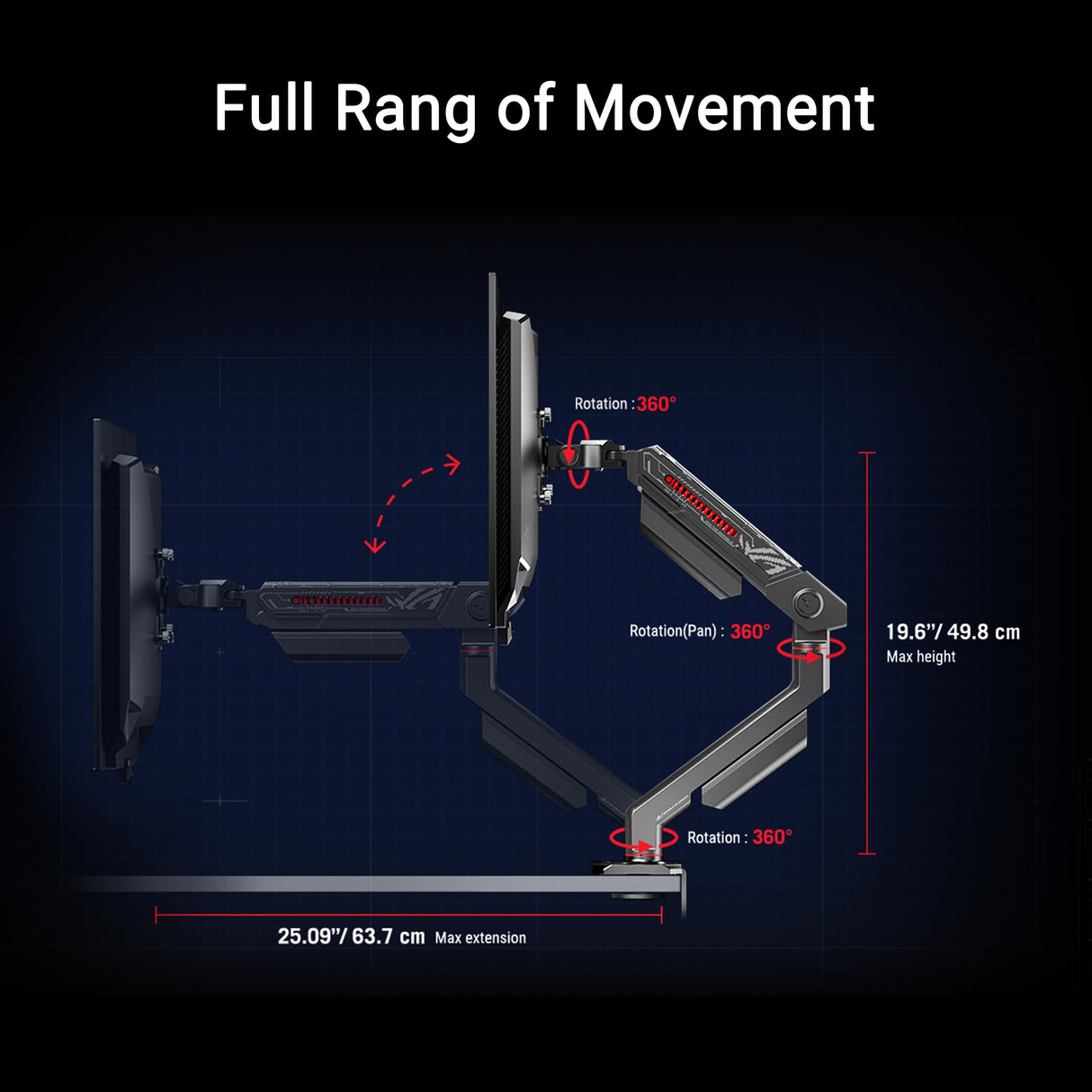 ASUS ROG Ergo - Soporte para Monitor (Canal de gestión de Cables, para monitores de hasta 39 Pulgadas, hasta 11,5 kg de Peso, Compatible con Soporte VESA de 100 x 100 mm)