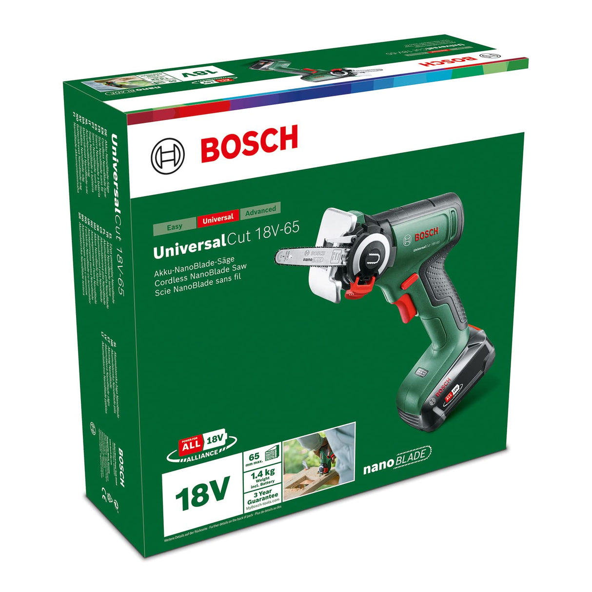 Bosch Home and Garden sierra NanoBlade con Batería UniversalCut 18V-65, para Cortar Rápido y a Mano Alzada Madera Plástico, Profundidad Máx. de Corte 65 mm, Sistema 18 V, Incluye 1 2,5 Ah Cargador