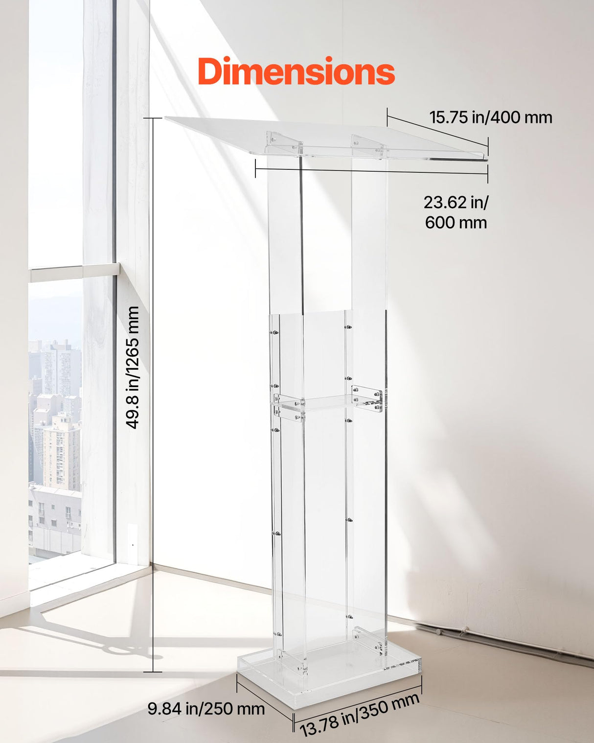 VEVOR Soporte de Podio de Acrílico Altura de 126,5 cm Atril de Pie Portátil con Superficie de Lectura 60 x 40 cm, Estante de Almacenamiento para Aulas, Bodas, Conferencias, Discursos, Conciertos