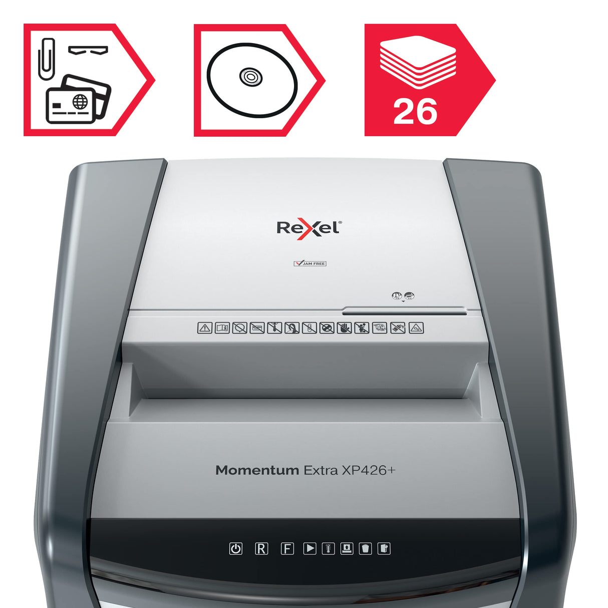 Rexel XP426+ Cross Cut Paper Shredder, Shreds 26 Sheets At Once, P4 Security Level, Jam-Free Technology, Office Use, 120 Litre Pull-Out Bin, Black, Momentum Extra Range, 2021426XEU