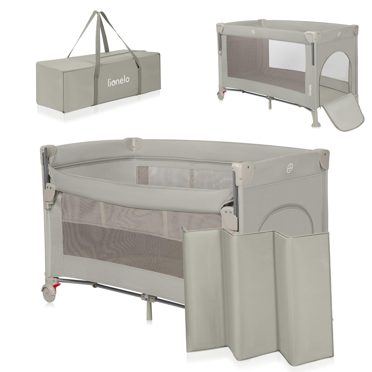 lionelo Ellen Cuna de Viaje 3 en 1 de 0 a 3 años, Cuna Colecho para Recién Nacidos y Mayores hasta 15 kg, 2 Alturas de Colchón, Correas de Amarre, Entrada Lateral con Cremallera, 2 Ruedas Bolsa