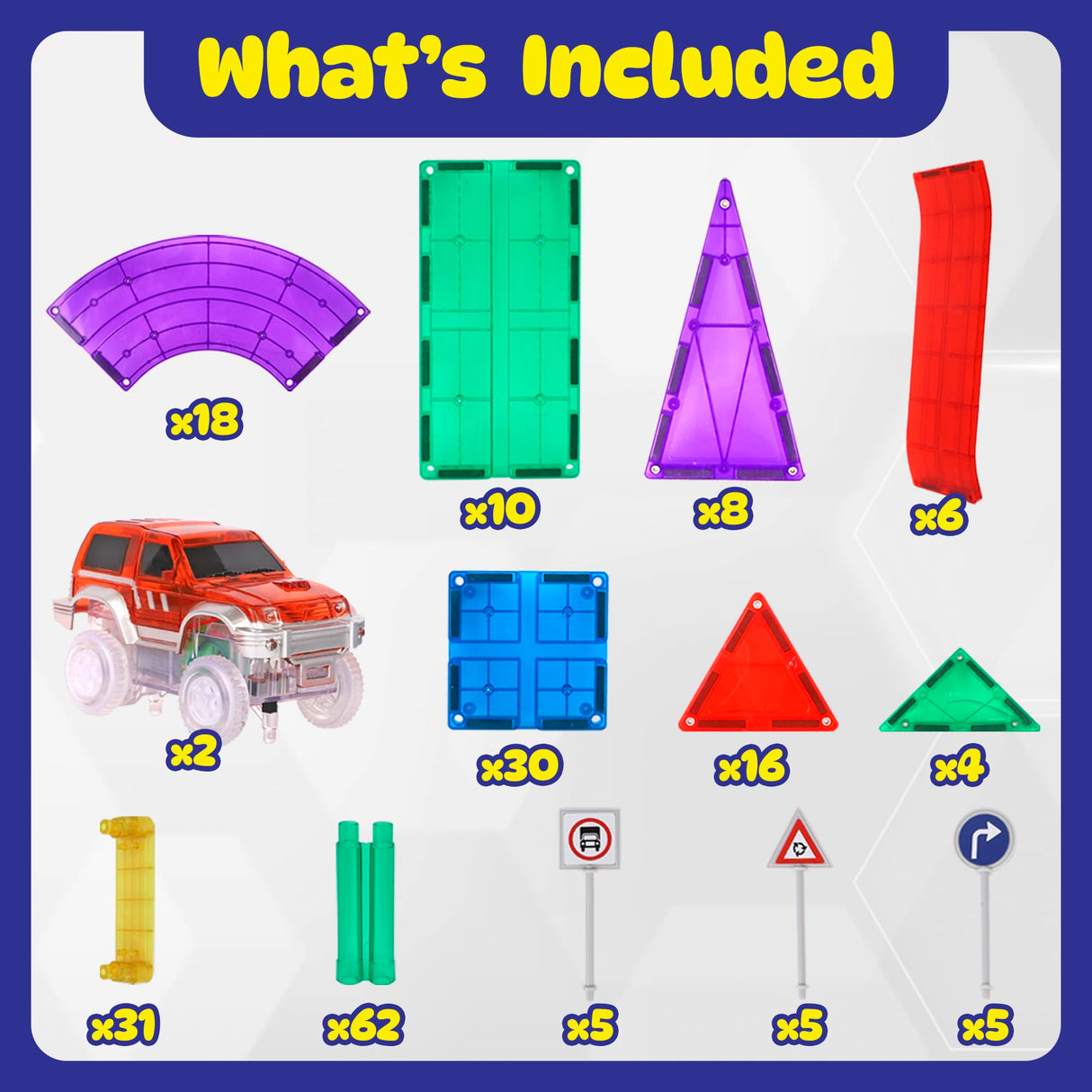 Playmags Juego de 200 Piezas con fichas magnéticas, Pista de Carreras, Incluye 2 Autos de Carreras eléctricos motorizados, para niños de 3 años en adelante
