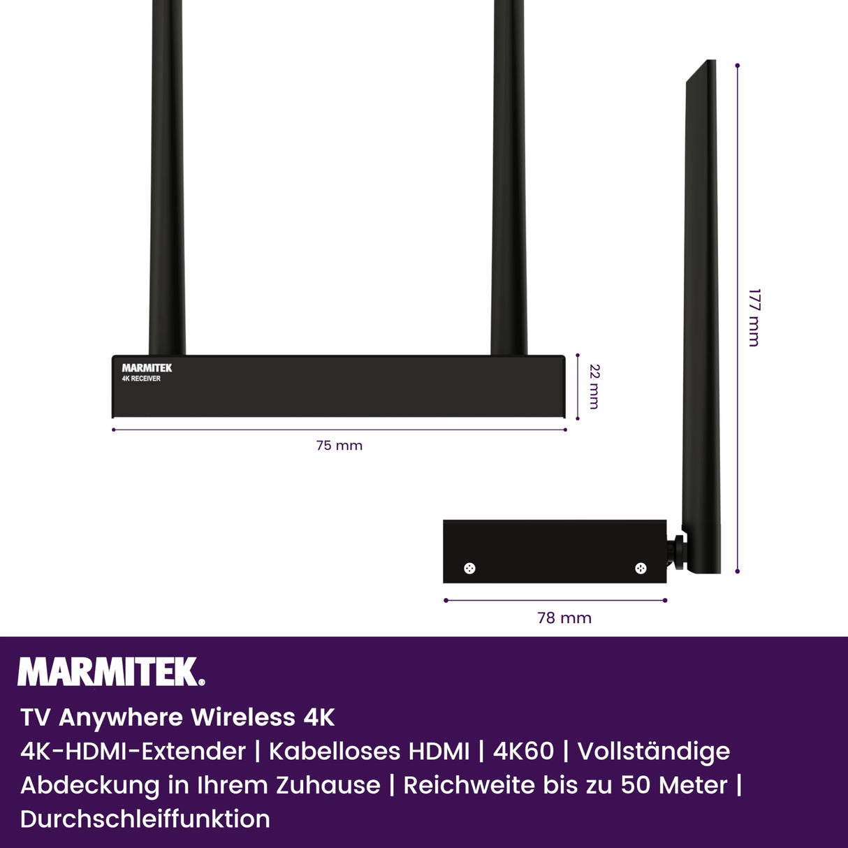 Marmitek 4K Transmisor HDMI Inalámbrico - TV Anywhere Wireless 4K - 4K60 - Inalámbrico - Ultra HD - Extensor Wireless- Área de Cobertura - Función de Retorno de Infrarrojos - KVM