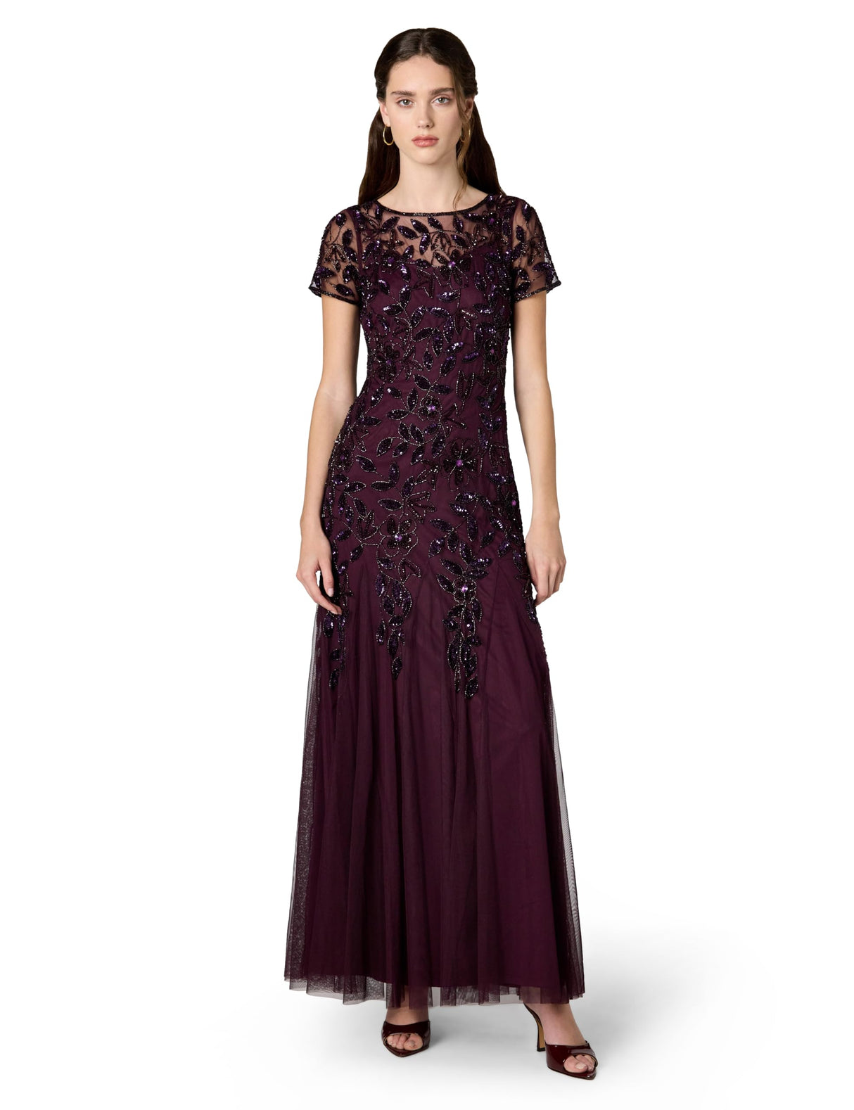 Adrianna Papell Short-Sleeve Floral Beaded Godet Gown Vestido, Ciruela Nocturna, 46 Mujeres