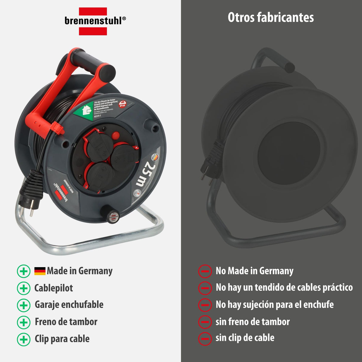 Brennenstuhl Enrollacables Garant V2 IP44 25m exterior (Made in Germany, 3 tomas de corriente con contacto de puesta a tierra, plástico especial)