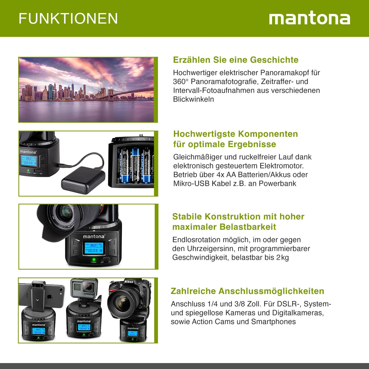 Mantona Turnaround 360 Advanced 3 - Cabezal de trípode eléctrico panorámico de rotación Continua de 360° para Timelapse Timelapse y pivotar con cámara para Smartphone Action CAM GoPro
