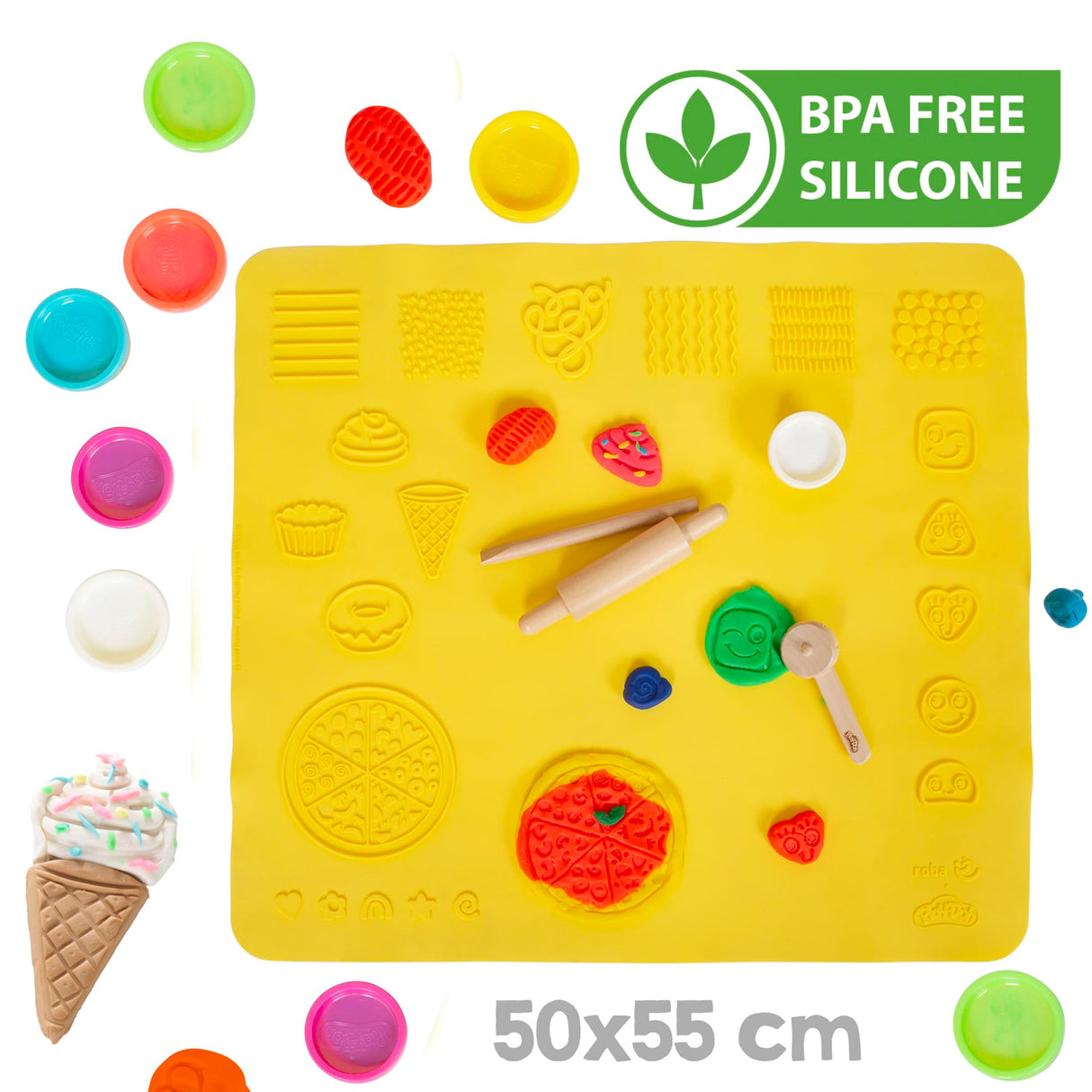 roba x Play-Doh Conjunto de Asientos creativos - Juego de Mesa y Silla de Madera certificada por el FSC con 6 latas de plastilina, 3 Herramientas de Madera y Alfombra Creativa