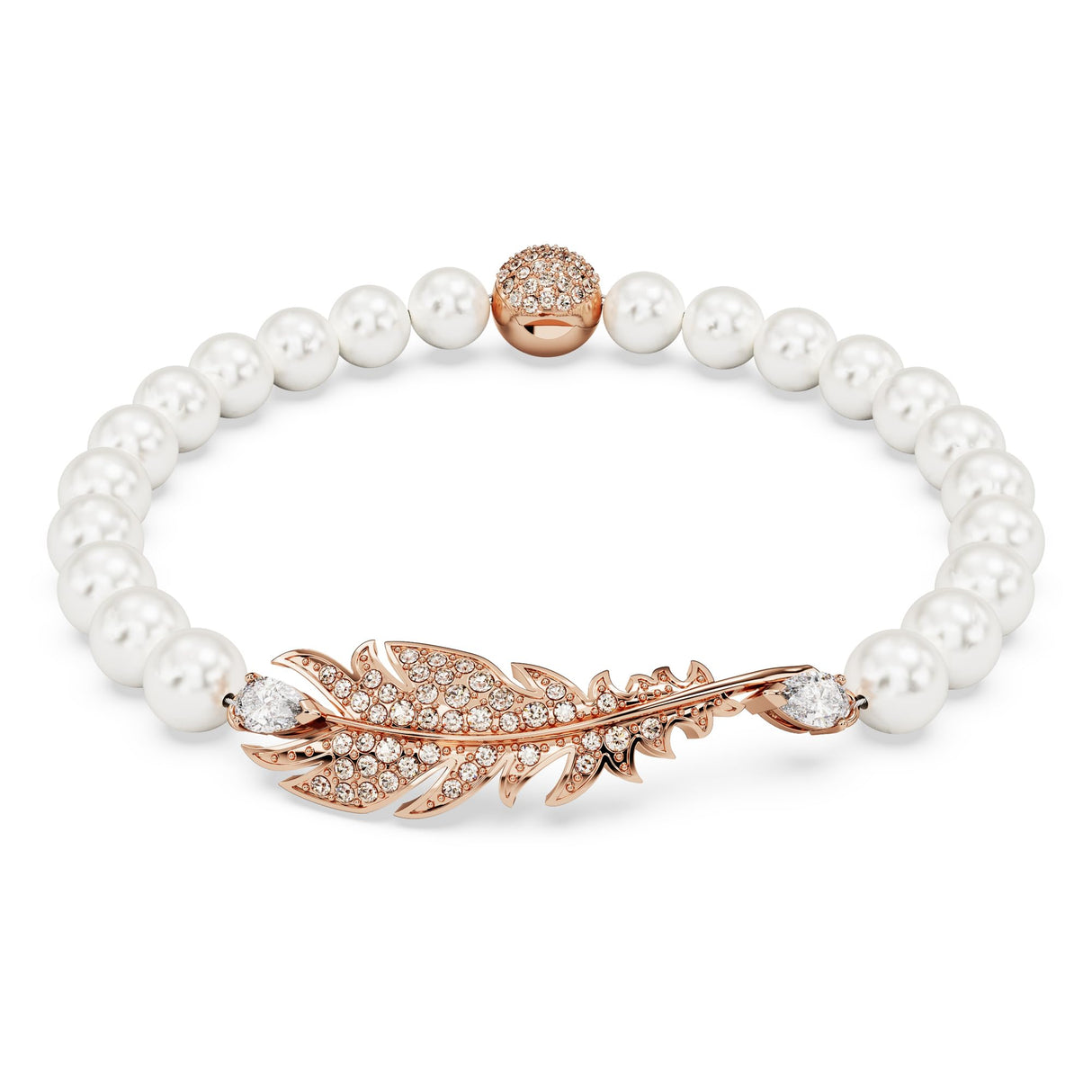 Swarovski Pulsera Nice, con Cadena de Swarovski Crystal Pearls, Motivo de Pluma en Pavé Rosa, Baño Tono Oro Rosa, S